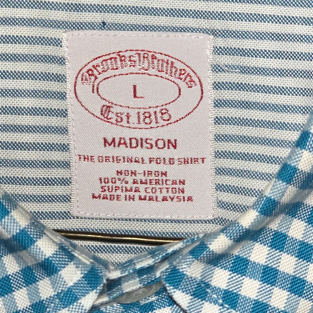 Brooks Brothers Madison Mens L Blue Gingham Checkered Button Down Shirt Non Iron - Picture 3 of 9